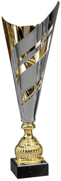 Thumbnail for Ein moderner, silber-goldener Wanderpokal Dortmund 445 mm – 535 mm PK740510-W mit exklusivem Design, montiert auf einem schwarzen quadratischen Sockel.
