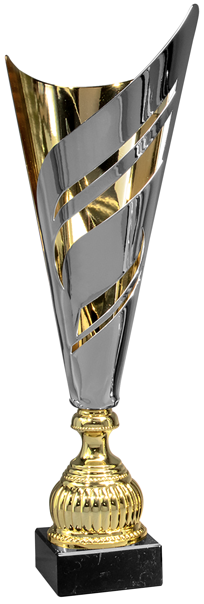 Die Pokale Schwerte 3-er Pokalserie 445 mm - 535 mm zeichnet sich durch ein hohes, modernes Design mit einer Gold- und Silberspirale auf einem schwarzen Marmorsockel aus - ein eleganter Metallpokal, der sich perfekt als Auszeichnung für jede Leistung eignet.