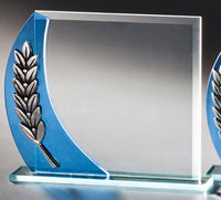 Thumbnail for Eine Glaspokal Dortmund 3-er Serie 110x144 mm – 161x189 mm PK766919-17-3-E50-Trophäe mit geprägtem Emblem-Design auf einer reflektierenden Oberfläche.