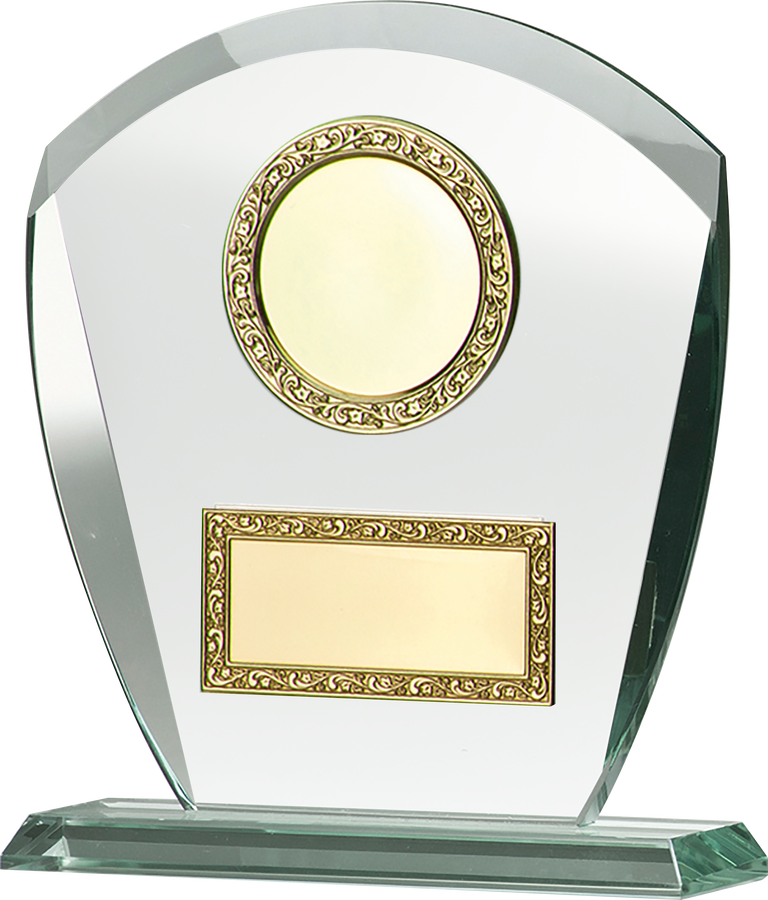 Glaspokal Bielefeld 200x165 mm – Glasplatte mit leerem goldenem Emblemfeld und Gravurschild mit Ornamentrahmen