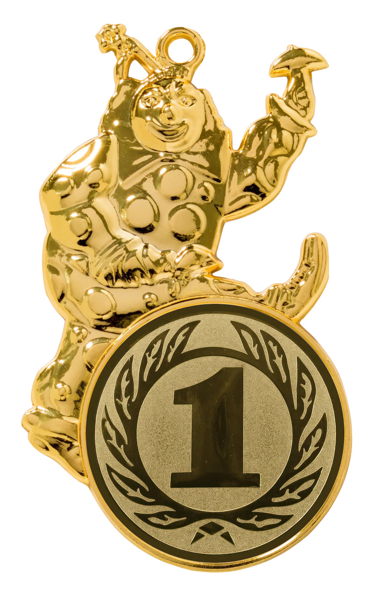 Die Karnevalsmedaillen Mülheim 108x60 mm haben ein goldfarbenes Design mit einem Clown, der einen Pilz hält, und einer markanten Zahl „1“, die in einem runden Lorbeerkranz abgebildet ist. Ihr exklusives Design und hochwertiges Material sorgen dafür, dass sie wunderschön hervorsticht.