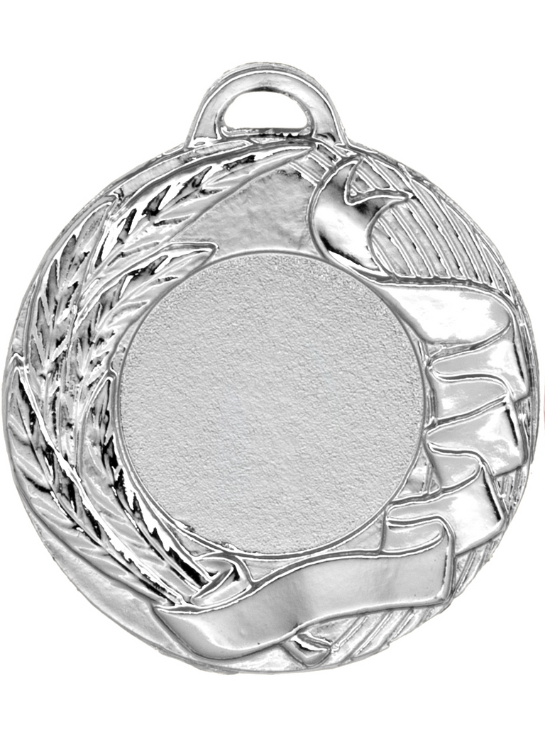 Silbermedaille mit einer leeren, runden Mitte, verziert mit einem Band, Lorbeerzweigen und einer Fackel; dieses 45 mm große Stück von Medaillen Recklinghausen besticht durch ein exklusives Design, das Exzellenz perfekt verkörpert.