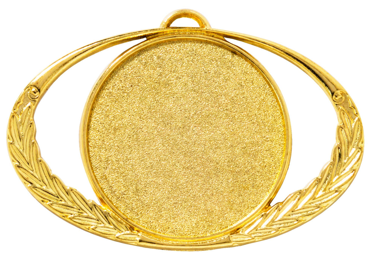 Die Medaillen Fürth 92 x 57 mm PK79094g-E50 zeigen eine Goldmedaille mit einem zentralen leeren kreisförmigen Bereich, umgeben von einem offenen ovalen Design mit Blattmustern auf beiden Seiten, gefertigt aus hochwertigem Material.