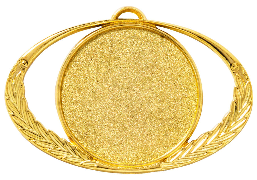 Die Medaillen Fürth 92 x 57 mm PK79094g-E50 zeigen eine Goldmedaille mit einem zentralen leeren kreisförmigen Bereich, umgeben von einem offenen ovalen Design mit Blattmustern auf beiden Seiten, gefertigt aus hochwertigem Material.