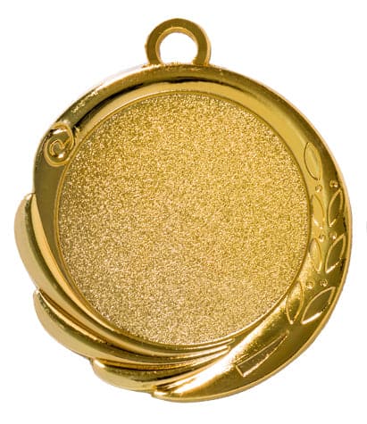 Eine Goldmedaille mit einer leeren runden Mitte, einem exklusiven Design mit einem Blattmuster auf der rechten Seite und einer kleinen Schlaufe oben zum Befestigen eines Bandes. Diese aus hochwertigem Material gefertigte Medaillen Konstanz 70 mm PK79095g-E50 zeugt von Eleganz und Haltbarkeit.