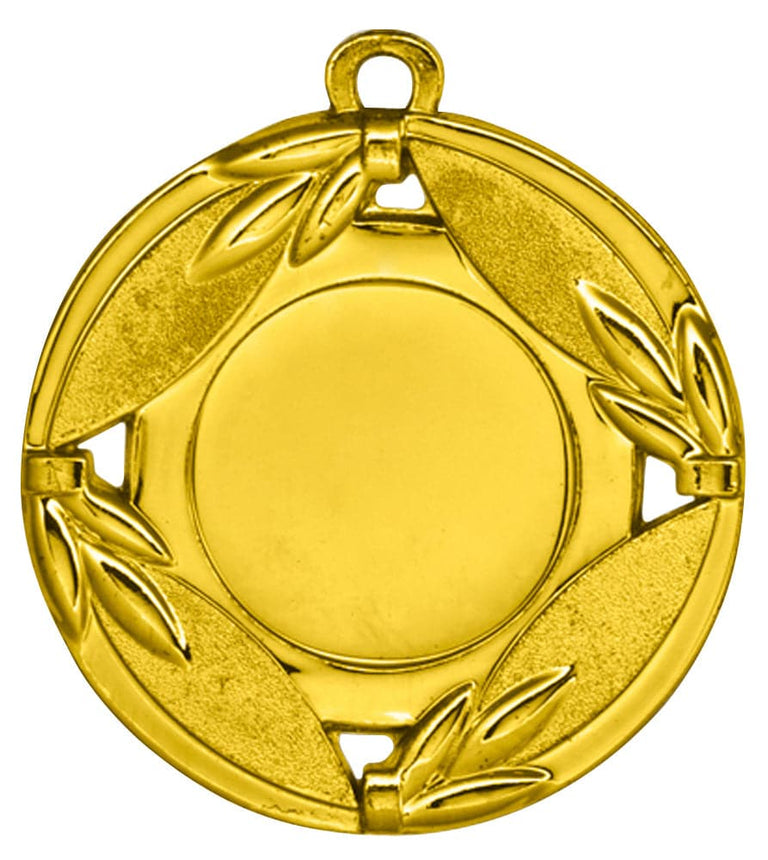 Eine Goldmedaille mit kreisförmigem Design und Blattmuster an den Rändern, mit einem exklusiven Design von Medaillen Hanau 50 mm