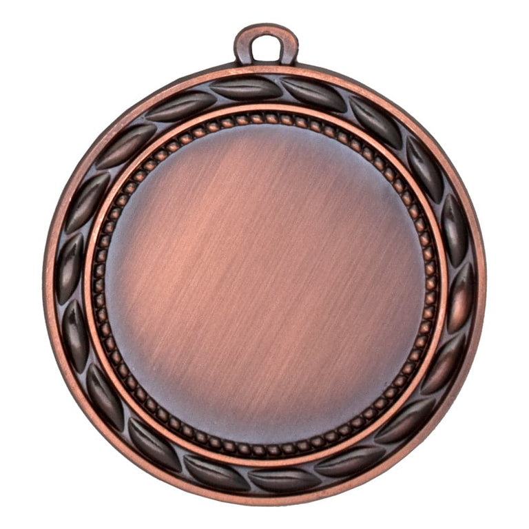 Eine Bronzemedaille mit einer leeren, runden Mitte, umgeben von einem erhabenen, dekorativen Rand mit einer Schlaufe an der Oberseite, gefertigt aus hochwertigem Material und mit einem exklusiven Design: Medaillen Minden 70 mm