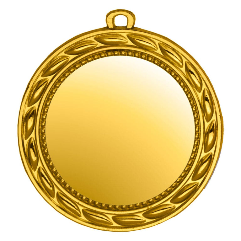 Goldfarbene runde Medaille mit Blattkranz-Rand, Perlring und leerer glänzender Mitte. Medaillen Minden 70 mm von POMEKI.