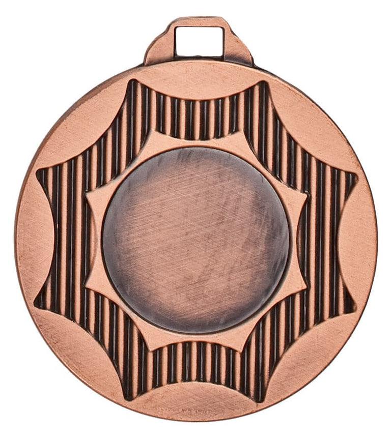 Medaillen Düren 50 mm zeigt eine Bronzemedaille mit Sonnenstrahlen-Design und einem runden zentralen Emblem, gefertigt aus hochwertigem Material für ein exklusives Design.