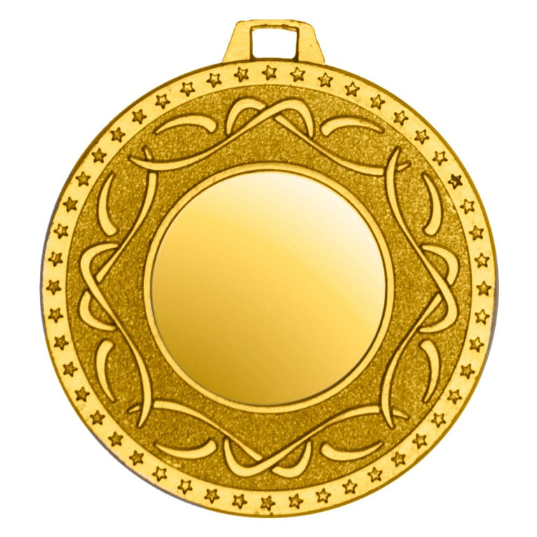 Eine runde, goldene Medaillen Gütersloh 50 mm mit einem komplizierten Randdesign und einem leeren Mittelbereich, gefertigt aus hochwertigem Material.