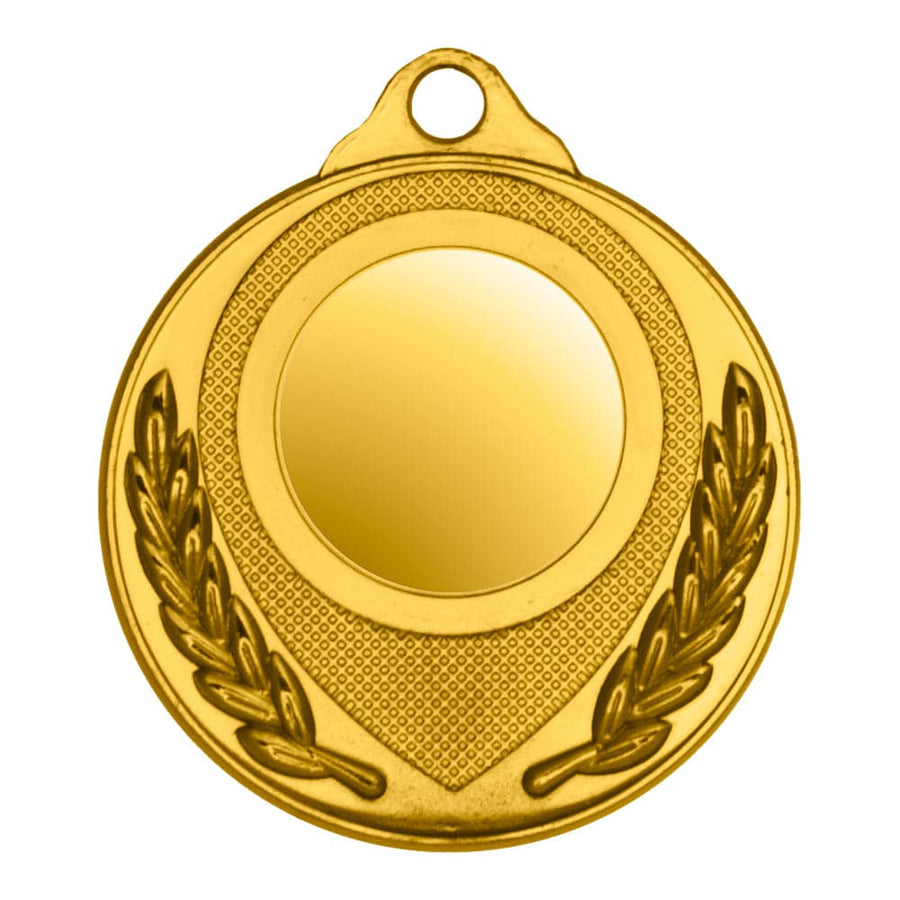 Eine Goldmedaille mit einer leeren, runden Mitte und Lorbeerkranz-Akzenten auf beiden Seiten, die das exklusive Design von Medaillen Gera 50 mm PK79180g-E25 zeigt.