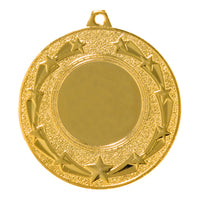 Thumbnail for Nahaufnahme der Medaillen Remscheid 50 mm PK79183g-E25, einer Goldmedaille mit einem strukturierten Sternenmuster, das kreisförmig um einen leeren Mittelbereich angeordnet ist, gefertigt aus hochwertigem Material für Auszeichnungen oder Anerkennungen.