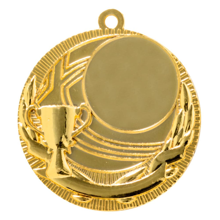 Medaillen Kaiserslautern 50 mm aus hochwertigem Material, die ein Trophäen- und Lorbeerkranz-Design mit einem leeren Zentrum für Gravuren aufweist.