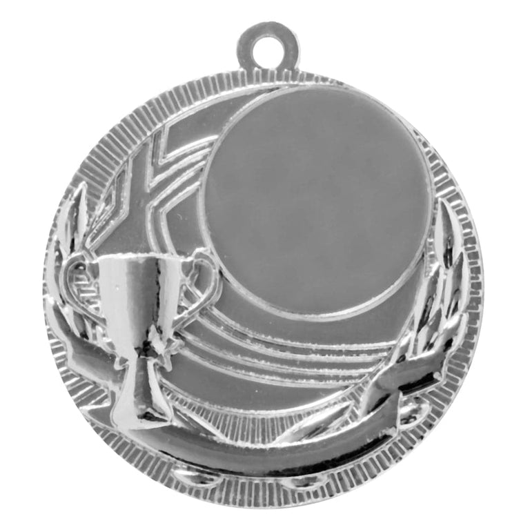 Silberne Sportmedaille, Medaillen Kaiserslautern 50 mm, mit Pokal- und Lorbeerkranz-Design und leerer Mittelfläche zur Gravur. Von POMEKI.