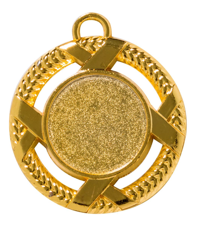 Die Medaillen Bergisch Gladbach 45 mm ist eine runde Goldmedaille mit exklusivem Design und einer blanken glitzernden Mitte, mit einem gewebten Muster und einer Schlaufe an der Oberseite zum Befestigen eines Bandes oder einer Kette. Diese aus hochwertigem Material gefertigte Medaille ist perfekt für jeden Anlass.