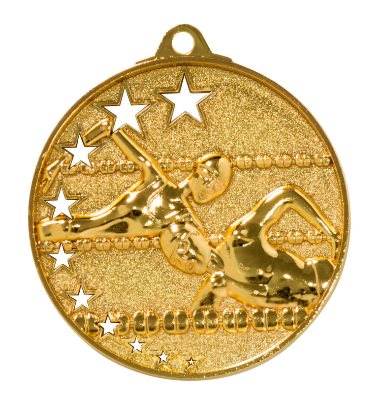 Goldene Schwimmmedaille mit zwei Schwimmern und mehreren Sternen. Schwimmen Medaillen Halle 52 mm von POMEKI.