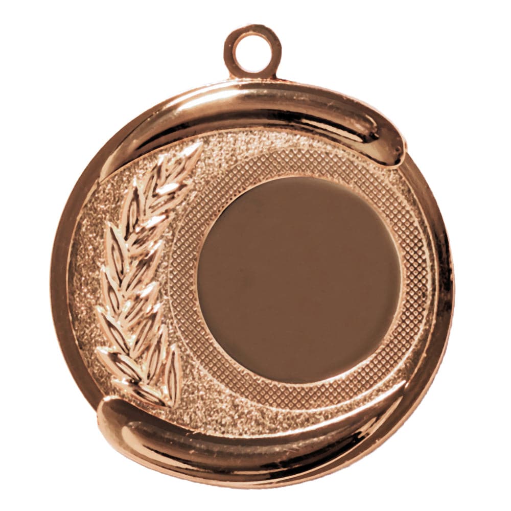 Medaillen Siegen 50 mm PK79226g-E25 mit einem dekorativen Lorbeerzweig-Design auf einer Seite und einer leeren Mitte, mit einer kleinen Schlaufe oben zum Aufhängen. Dieses aus hochwertigem Material gefertigte Stück verkörpert ein exklusives Medaillen-Design.
