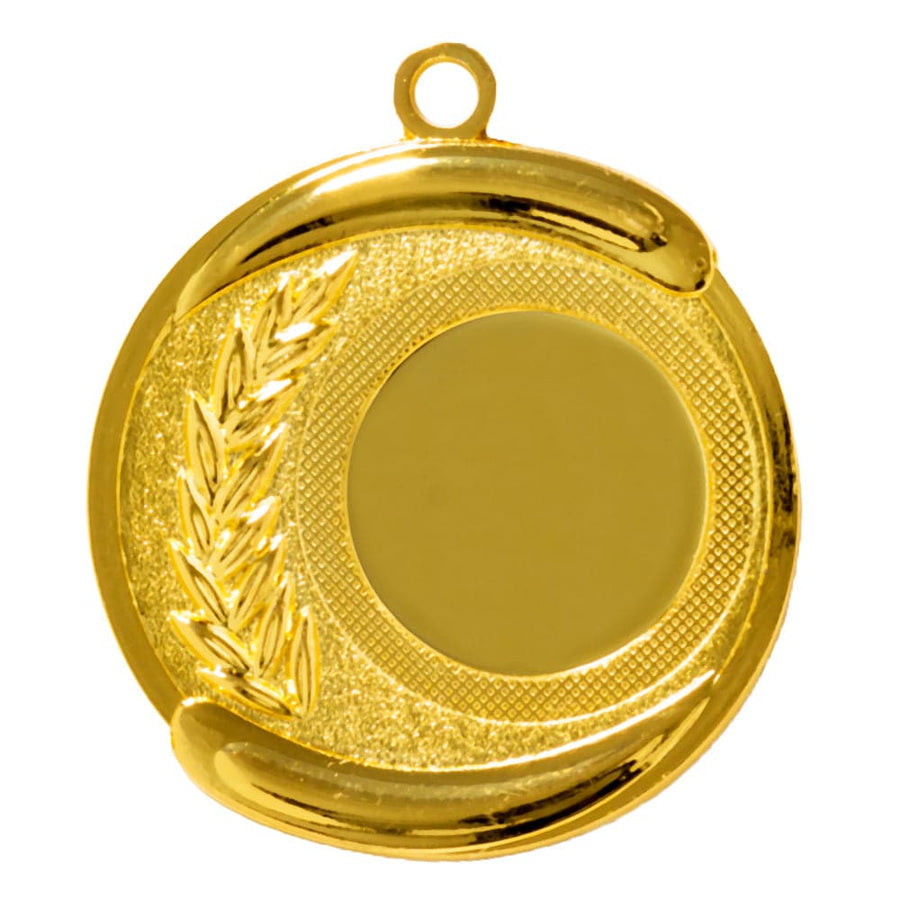 Goldene, runde Medaille aus hochwertigem Material, mit einer leeren Mitte und einem exklusiven Design mit dekorativem Lorbeermotiv auf der linken Seite. Mit einer kleinen Schlaufe oben zur Befestigung, was diese Medaillen Siegen 50 mm PK79226g-E25 sowohl elegant als auch langlebig macht.