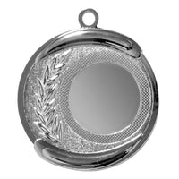 Thumbnail for Silberne runde Medaillen Siegen 50 mm PK79226g-E25 mit exklusivem Design, mit einem Lorbeerkranz auf der linken Seite und einer leeren Mitte für eine Inschrift, aus hochwertigem Material gefertigt. An der Oberseite befindet sich eine kleine Öse zum Aufhängen.