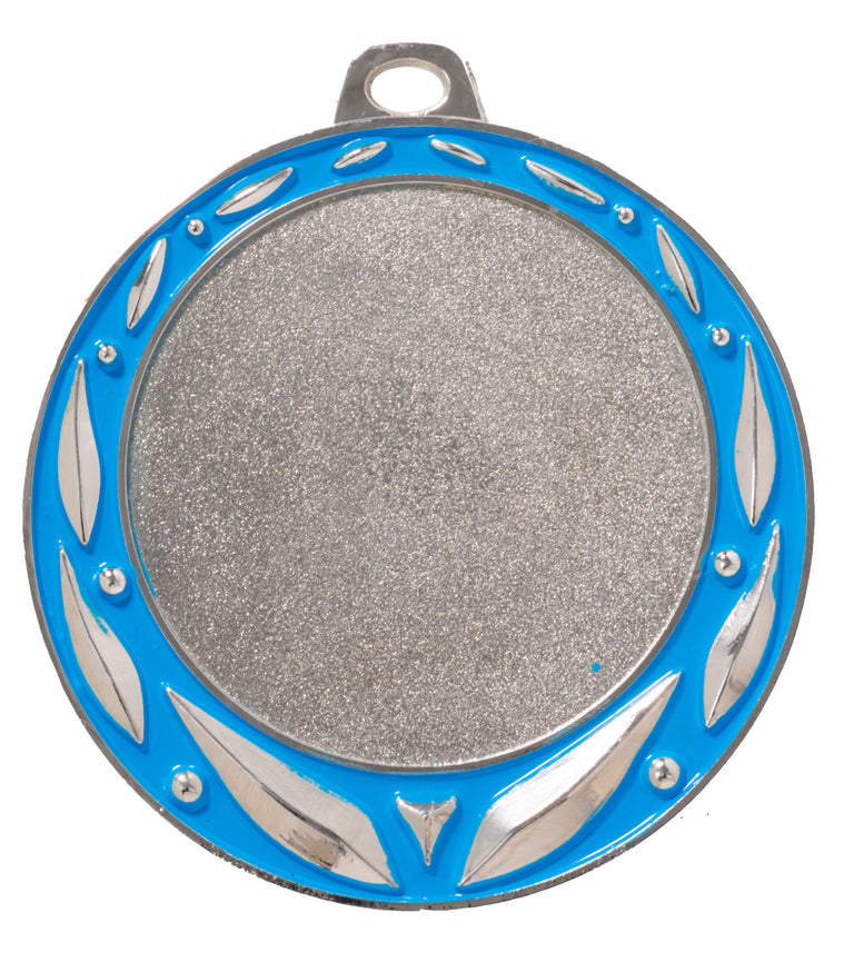 Eine runde Silbermedaille mit blauem Zierrand und kleiner Schlaufe an der Oberseite zum Befestigen an einem Band. Medaillen Münster 70 mm von POMEKI.