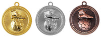 Thumbnail for Drei Fußballschuhe mit Ball Medaillen Lübeck 50 mm PK79238 in den Farben Gold, Silber und Bronze, jeweils mit einem exklusiven Design eines Fußballschuhs und -balls.