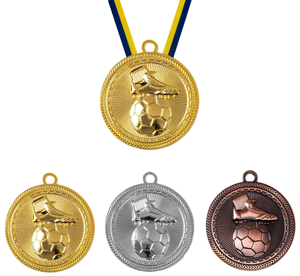 Set aus Gold, Silber und Bronze Fußballschuh mit Ball Medaillen Lübeck 50 mm PK79238 mit Fußball- und Stiefeldesign in exklusivem Design, befestigt an Bändern von POMEKI.