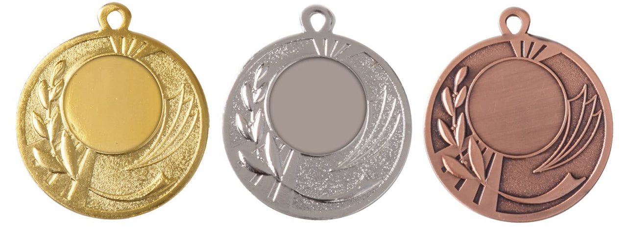 Drei Sportmedaillen Flensburg 50 mm PK79248g-E25 in einer Reihe angezeigt: goldene, silberne und bronzene Auszeichnungsmedaillen, jede mit einem leeren Mittelbereich und einem dekorativen Rand.
