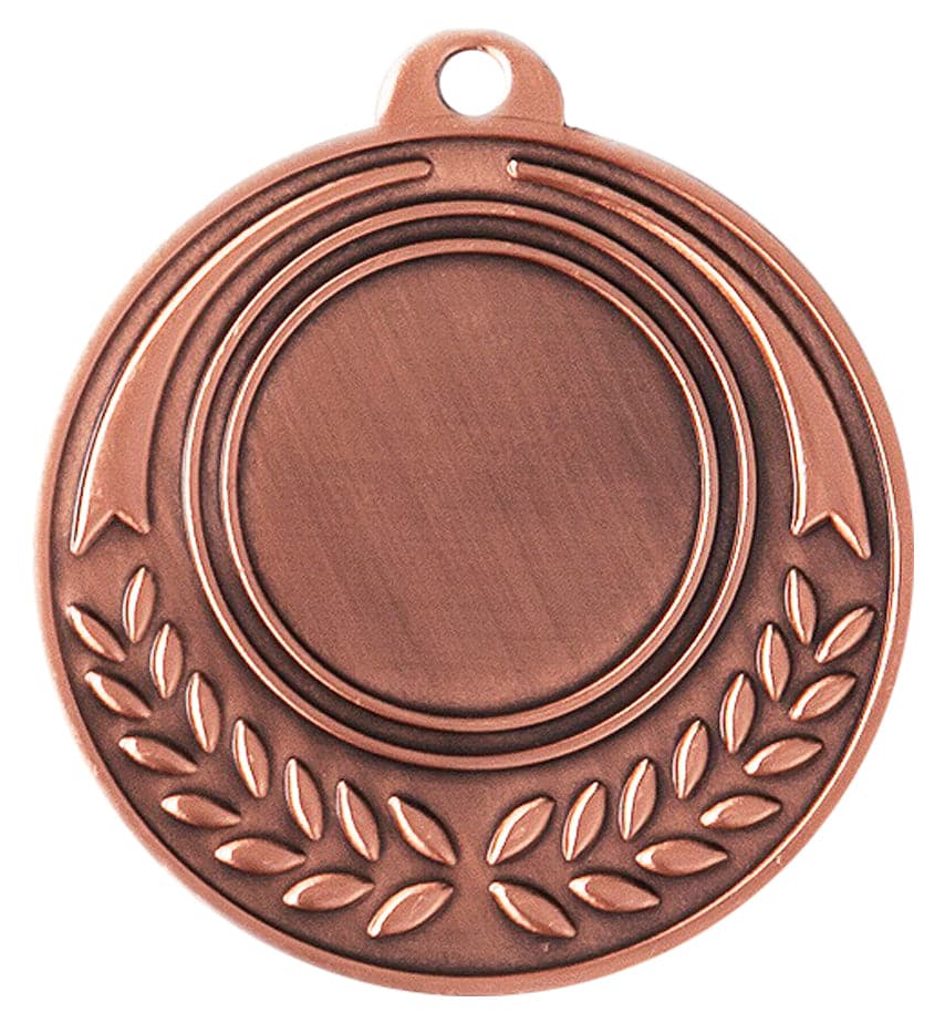 Eine Medaille Esslingen 50 mm PK79249g-E25 mit kreisförmigem Design, mit leerer Mitte und Lorbeerblattmotiv an der Unterseite. Dieses aus hochwertigem Material gefertigte Stück weist ein exklusives Design auf, das seine Eleganz unterstreicht.