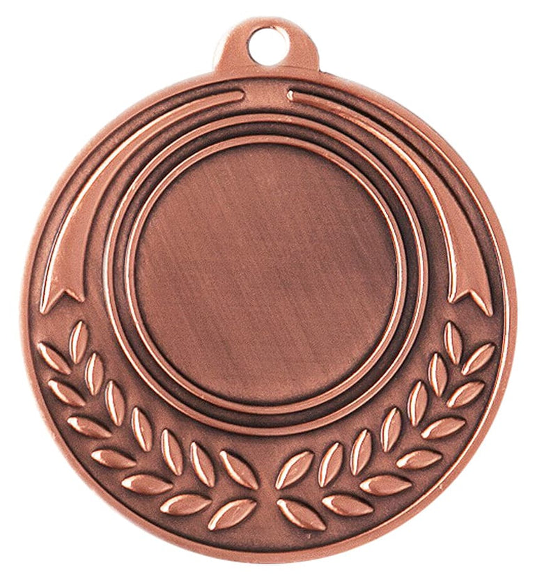 Eine Medaille Esslingen 50 mm mit kreisförmigem Design, mit leerer Mitte und Lorbeerblattmotiv an der Unterseite. Dieses aus hochwertigem Material gefertigte Stück weist ein exklusives Design auf, das seine Eleganz unterstreicht.