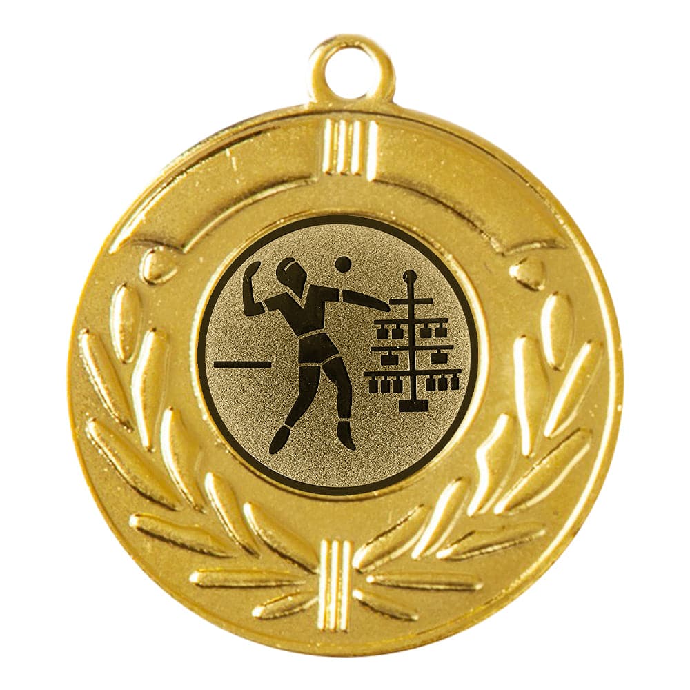 POMEKI Medaille aus Düsseldorf 50 mm PK79250g-E25, die eine Figur beim Basketballspielen und ein Lorbeerkranz-Design zeigt.