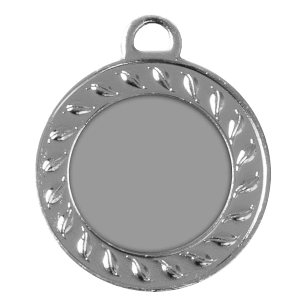 Runder silberner Medaillen Wolfsburg-Rahmen (40 mm, PK79252g-E25) mit einem Rand aus Blatt- und Rankenmuster und einer leeren grauen Mitte zur individuellen Gestaltung, gefertigt aus hochwertigem Material.