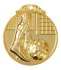 Thumbnail for Die Pomeki Fußballer Medaillen Hamm 45 mm PK79257 zeigen ein exklusives Design des Fußes eines Fußballspielers, der einen Ball vor einem Tornetz kickt.