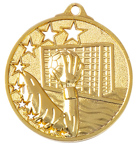 Goldfarbene Medaille mit Sternen am linken Rand: eine Hand fängt einen Handball vor dem Tornetz. Handball Medaillen Duisburg 45 mm von POMEKI.
