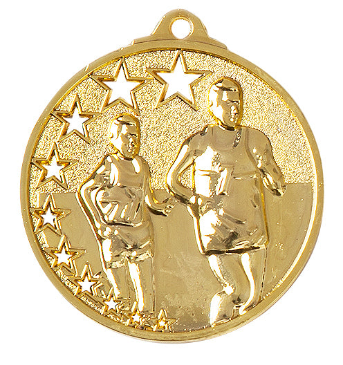 Eine Goldmedaille mit dem Namen „Laufen Medaillen Braunschweig 45 mm “ mit zwei Läufern in Bewegung und einem Halbkreis aus Sternen auf der linken Seite, gefertigt mit exklusivem Design unter Verwendung hochwertiger Materialien.