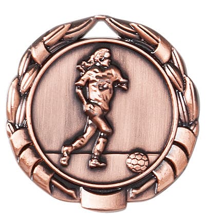 Bronzefarbene Frauenfußball-Medaillen Kiel 40 mm PK79268 mit dem erhabenen Bild einer Fußballspielerin, die einen Ball kickt, umgeben von einem Lorbeerkranzmuster und einem exklusiven Design.
