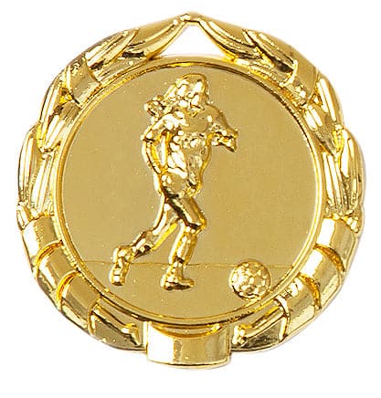 Frauenfußball Medaillen Kiel 40 mm PK79268 mit einem geprägten Bild eines Fußballspielers, der einen Ball tritt, umgeben von einem dekorativen Blumenkronenrand. Ein exklusives Design aus hochwertigem Material.