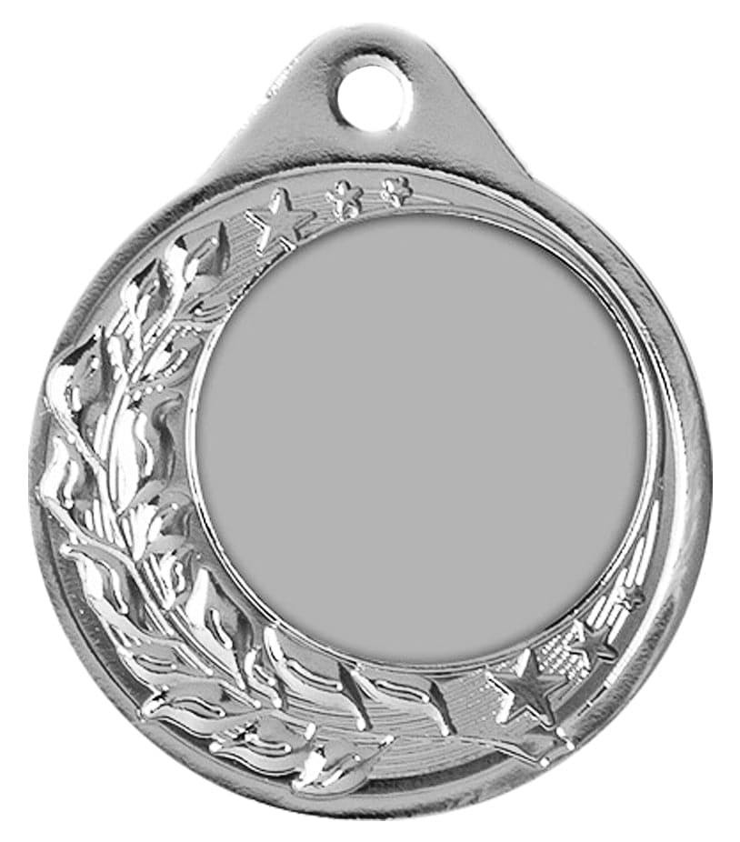 Runder Silberanhänger mit einem aufwendigen Blatt- und Sternmusterrand und einem leeren Platz in der Mitte zum Gravieren. Dieses Stück ist perfekt als Medaillen Koblenz 40 mm PK79283g-E25.