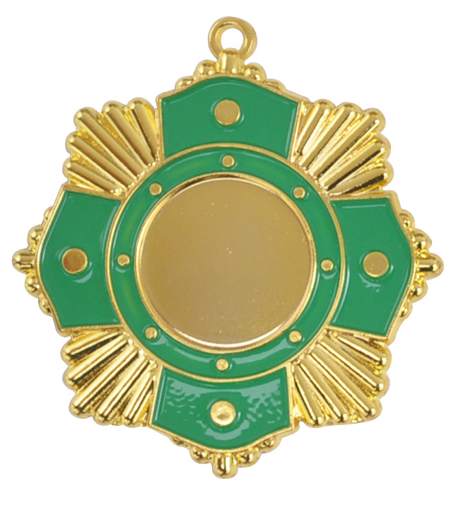 Ein gold-grüner Medaillen Solingen 65 mm mit runder Mitte und sternförmigem Design, mit komplizierten Mustern und einer kleinen Schleife an der Spitze, gefertigt aus hochwertigem Material für ein exklusives Design.