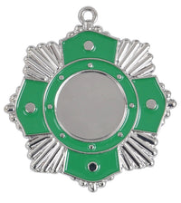 Thumbnail for Unsere Medaillen Solingen 65 mm PK79289g-E25 ist eine grün-silberne Medaille aus hochwertigen Materialien mit runder Mitte. Ihr exklusives Design zeigt ein Vier-Punkte-Muster, das mit runden dekorativen Elementen geschmückt ist.