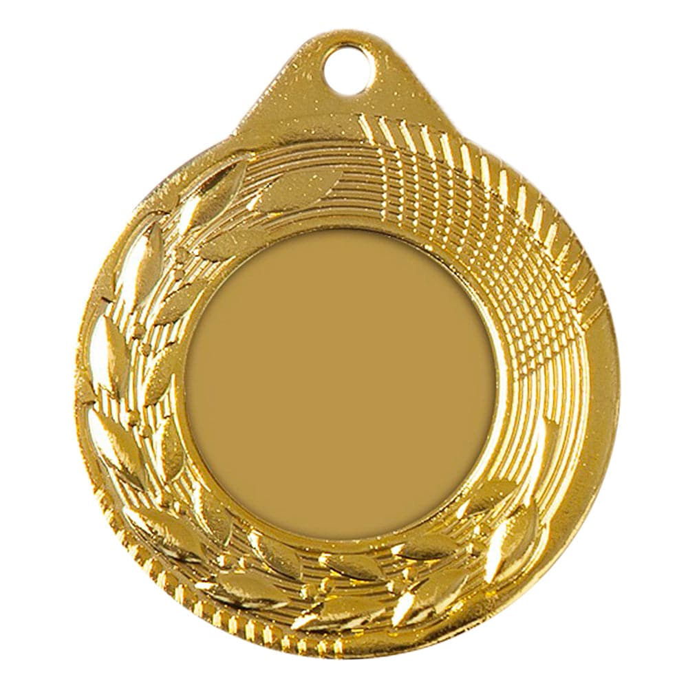 Blanko-Goldmedaille von POMEKI mit Lorbeerkranz-Design, eine prestigeträchtige Auszeichnung.
