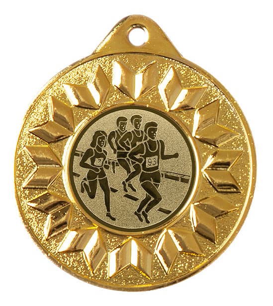 Medaillen Leipzig 50 mm PK79293g-E25 mit einem Relief von drei Läufern in Bewegung, umgeben von einem Sonnenstrahlenmuster mit einer Aufhängeschlaufe oben.