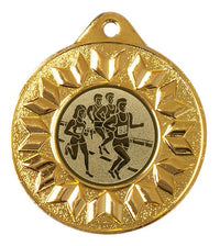 Thumbnail for Medaillen Leipzig 50 mm PK79293g-E25 mit einem Relief von drei Läufern in Bewegung, umgeben von einem Sonnenstrahlenmuster mit einer Aufhängeschlaufe oben.