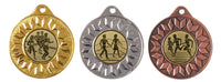 Thumbnail for Drei Medaillen Leipzig 50 mm PK79293g-E25 in den Farben Gold, Silber und Bronze, jeweils mit einem geprägten Design laufender Athleten.