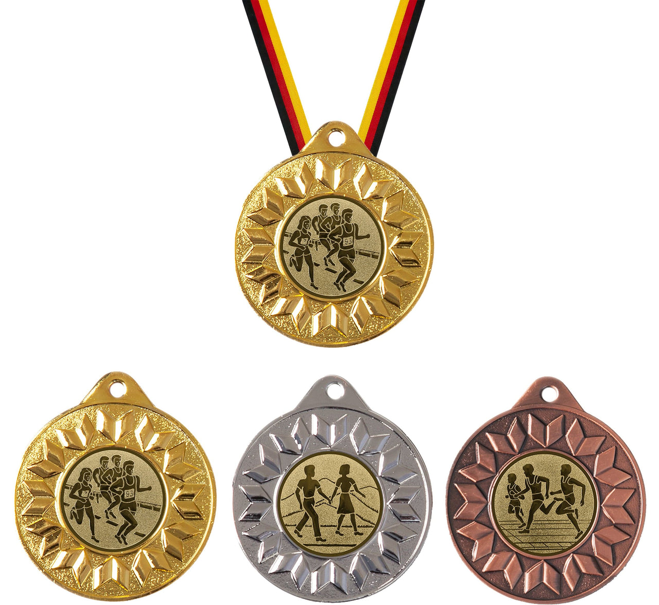Fünf Medaillen Leipzig 50 mm PK79293g-E25 in Gold, Silber und Bronze, jede mit verschiedenen athletischen Figuren darauf geprägt, hängen an mehrfarbigen Bändern.