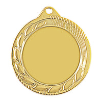 Thumbnail for Eine runde Goldmedaille mit einem Lorbeerkranz-Design am Rand und einer leeren Mitte, mit einem kleinen Loch oben für ein Band. Diese Medaillen Heilbronn 70 mm PK79302g-E50 besticht durch ein exklusives Design, das sowohl Eleganz als auch Prestige verkörpert.