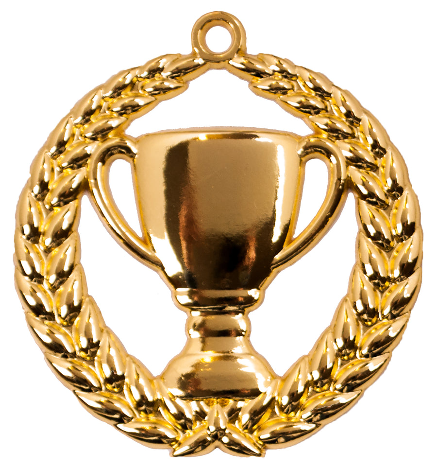 Goldener Pokal, umgeben von einem Lorbeerkranz, mit exklusivem Design von Medaillen Hannover 70 mm PK79306 von Pomeki.