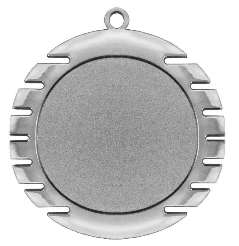 Eine runde Silbermedaille mit einer leeren Mitte und einem dekorativen, geschlitzten Außenrand, mit einer kleinen Öse oben zur Befestigung. Diese Medaillen Marl 70 mm besticht durch ein exklusives Design und ist damit eine elegante Ergänzung für jede Sammlung.