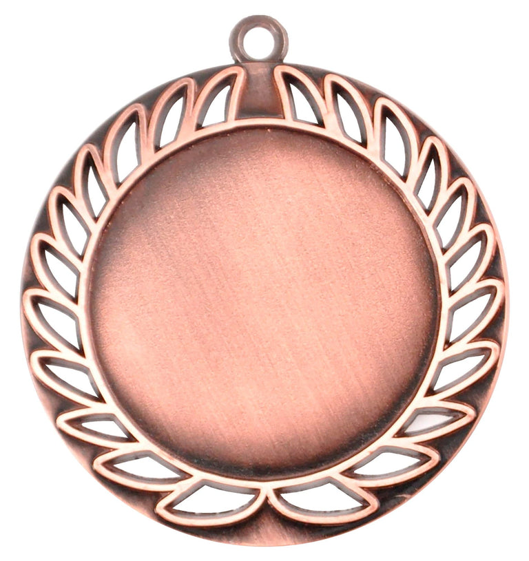 Bronzemedaille mit Lorbeerblattmuster am Rand, leerer Mitte zum Gravieren und kleiner Schlaufe oben für ein Band. Medaillen Neumünster 70 mm von POMEKI.