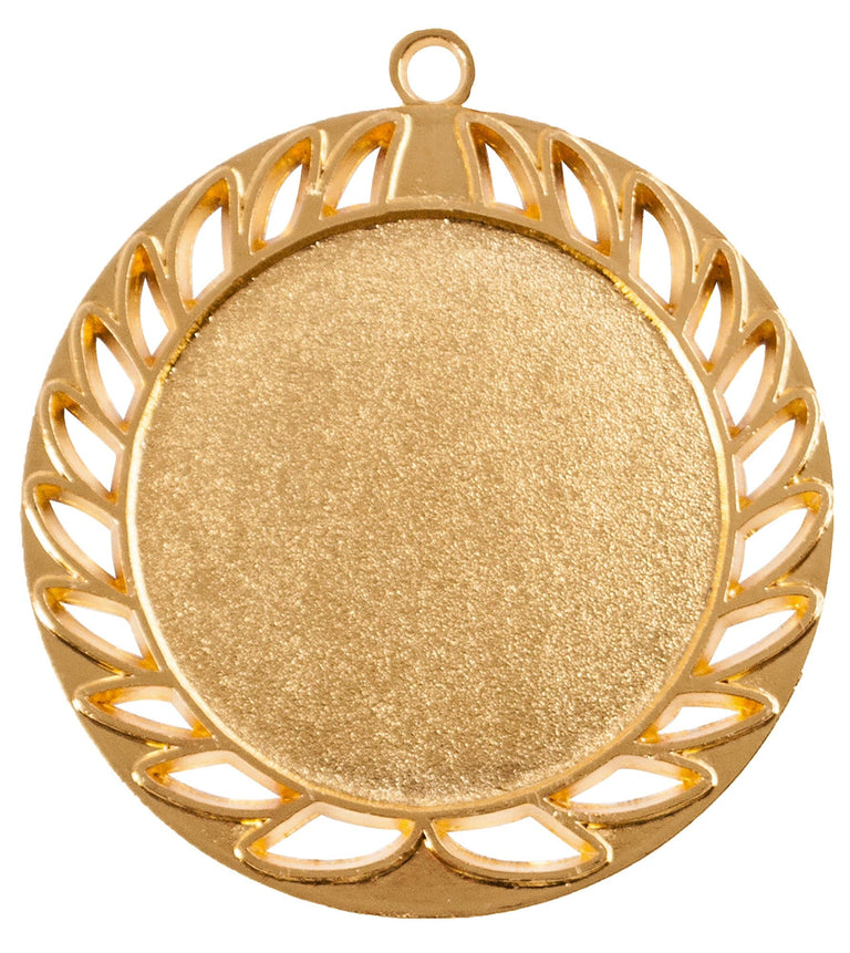 Goldmedaille mit kreisförmigem Design und dekorativem Rand mit blattähnlichen Ausschnitten. Medaillen Neumünster 70 mm von POMEKI.