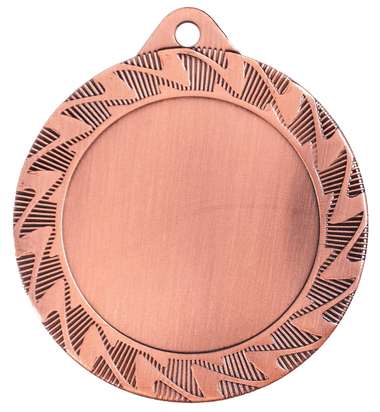 Runde Bronzemedaille mit leerer Mitte zum Gravieren und gezacktem Zickzackmuster am Rand. Medaillen Würzburg 70 mm von POMEKI.